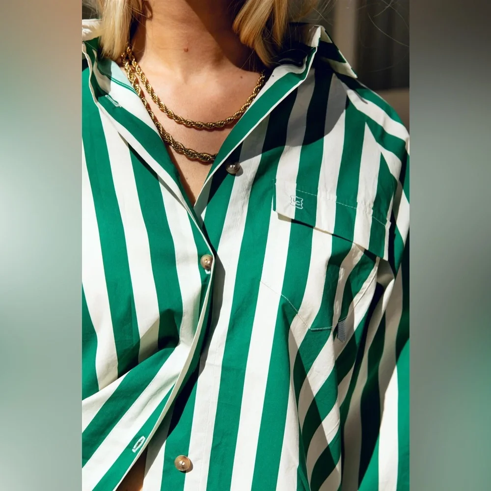 Lady Captain The Captain Shirt Green Cabana Stripe Button Up Fishing Long Sleeve - Picture 9 of 13